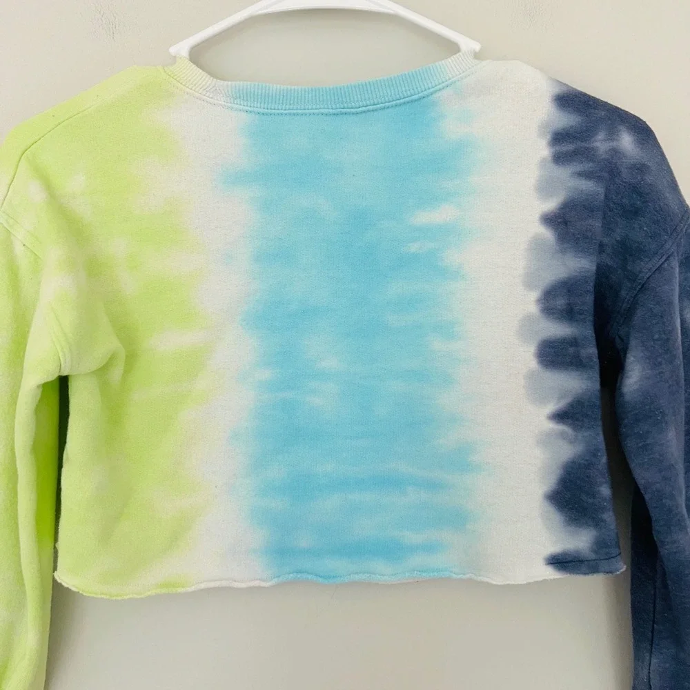Justice Athletic Club Girl Tie Dye Cropped Sweatshirt Blue Green Glitter Logo XS